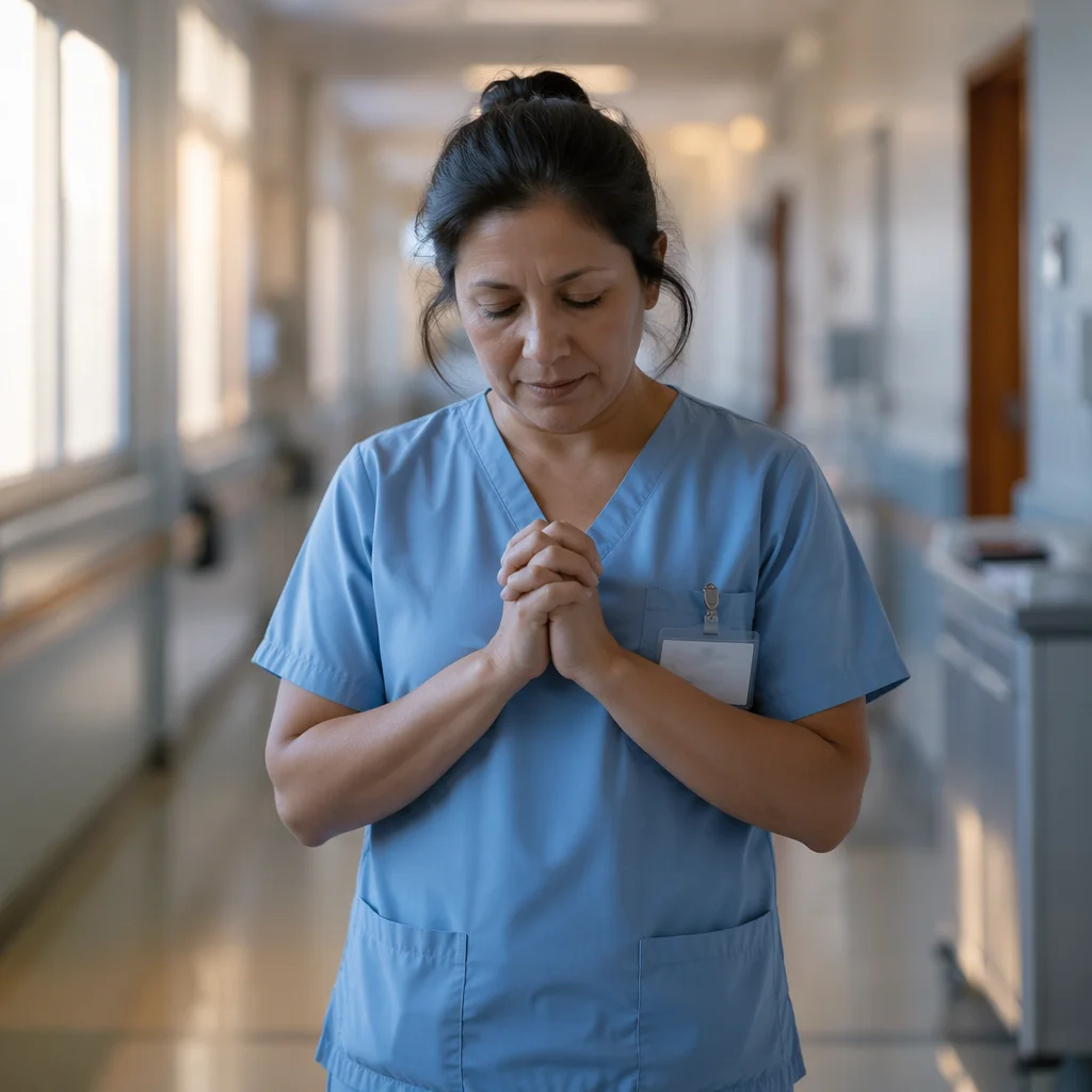 Nurse Praying in Quiet Hospital Corridor