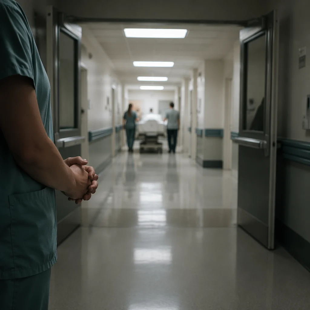 Nurse Praying in Quiet Hospital Corridor