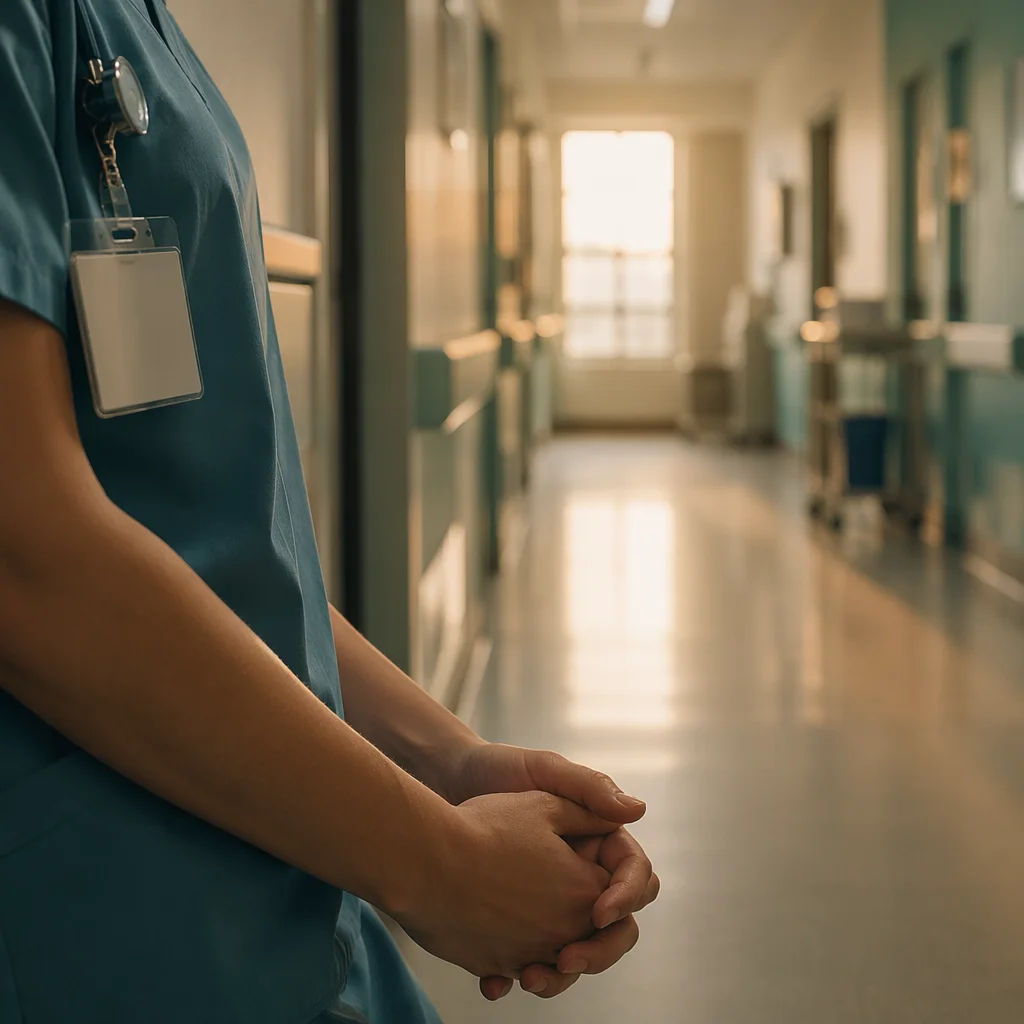 Nurse Hands Praying in Hospital Corridor
