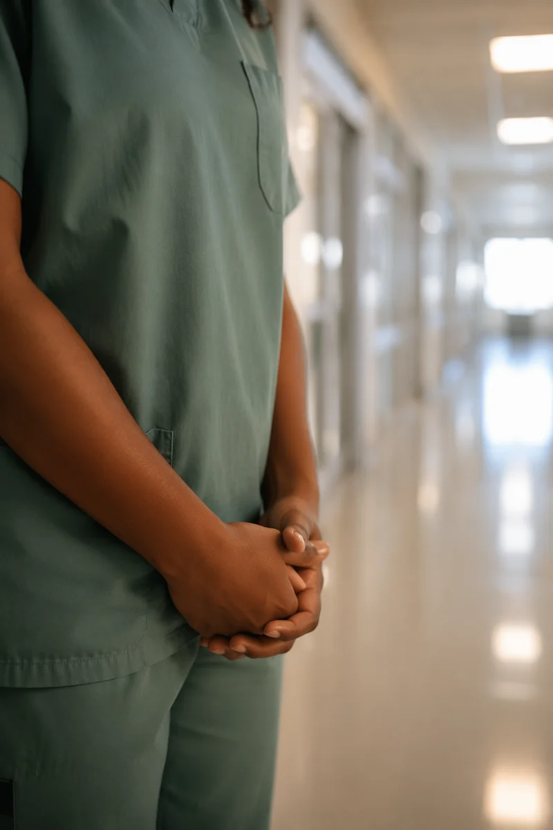 Praying Nurse Hands in Hospital Corridor