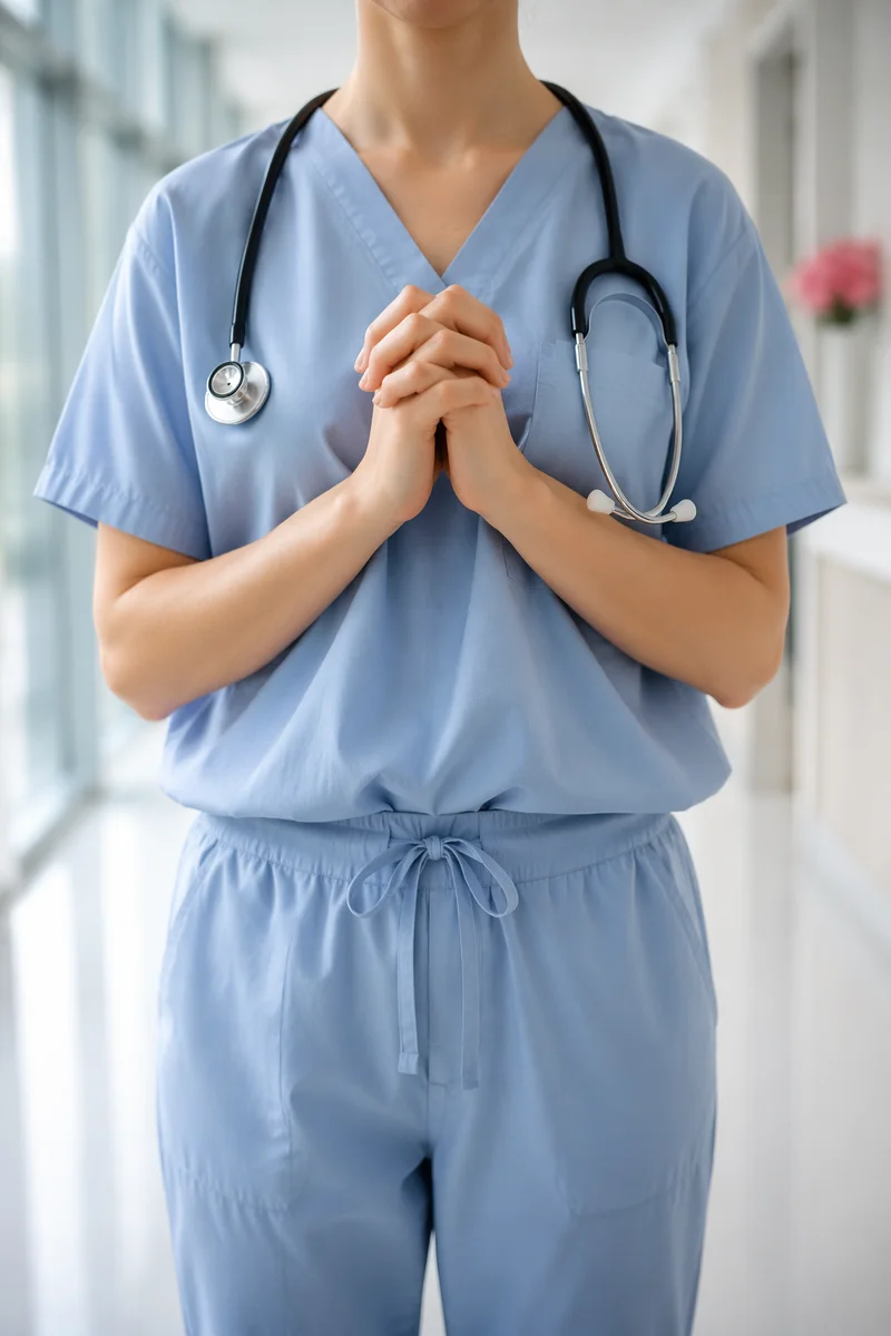 Praying Nurse Hands in Hospital Corridor