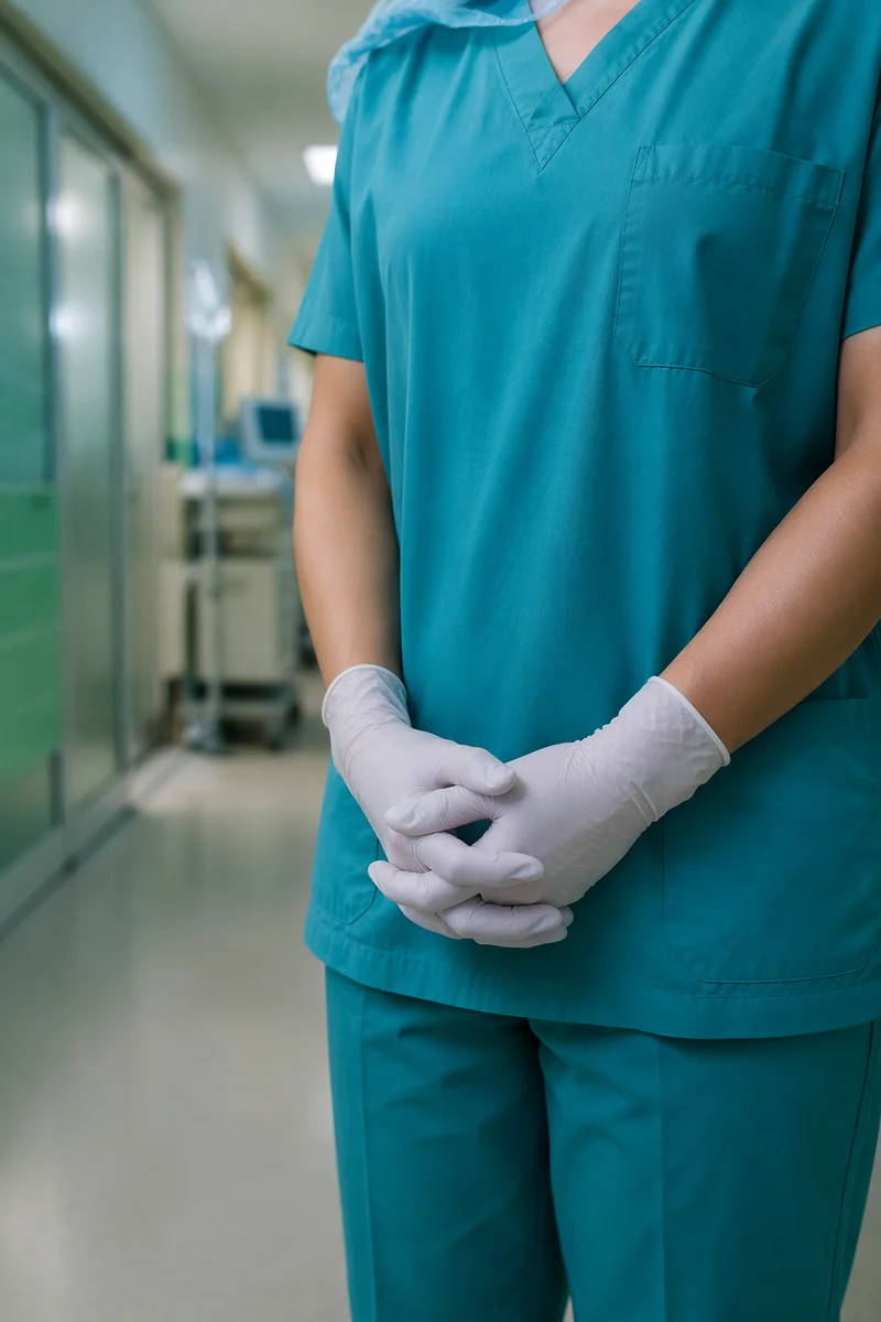 Praying Nurse Hands in Hospital Corridor
