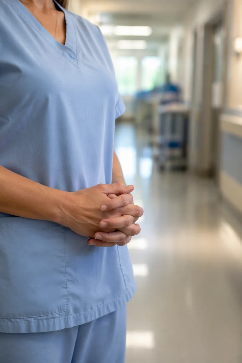 Nurse Hands in Prayer Hospital Hallway