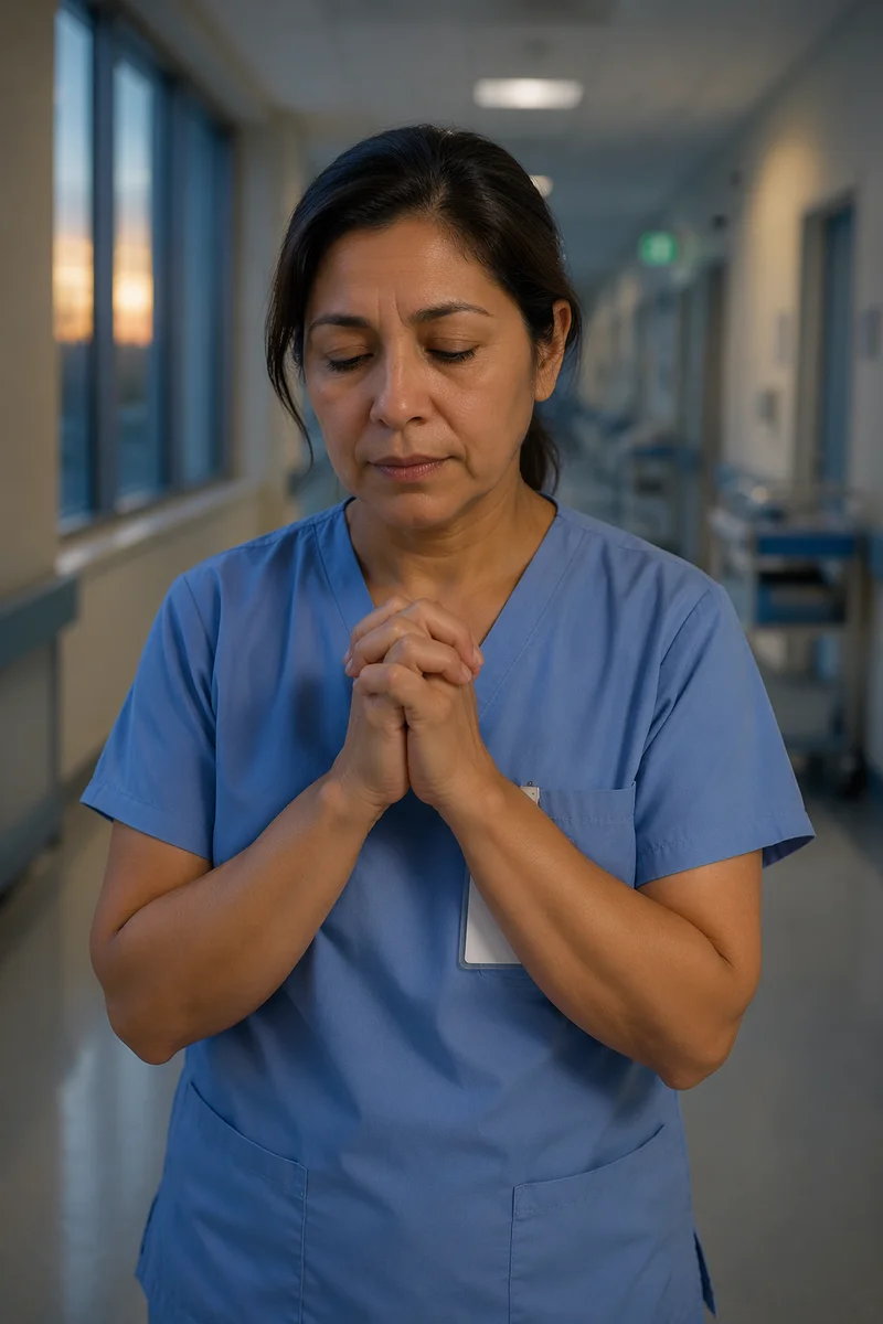 Hopeful Nurse Praying in Hospital Corridor