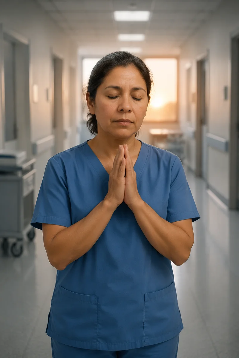 Nurse Praying in Quiet Hospital Corridor