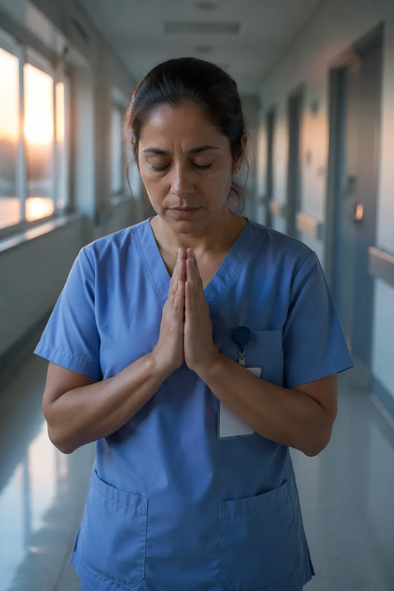 Nurse Praying in Quiet Hospital Corridor