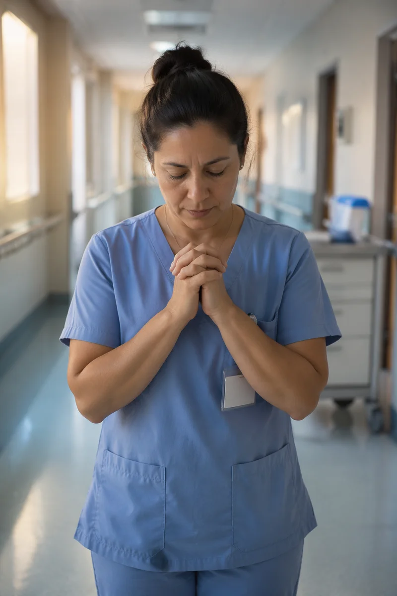 Nurse Praying in Quiet Hospital Corridor