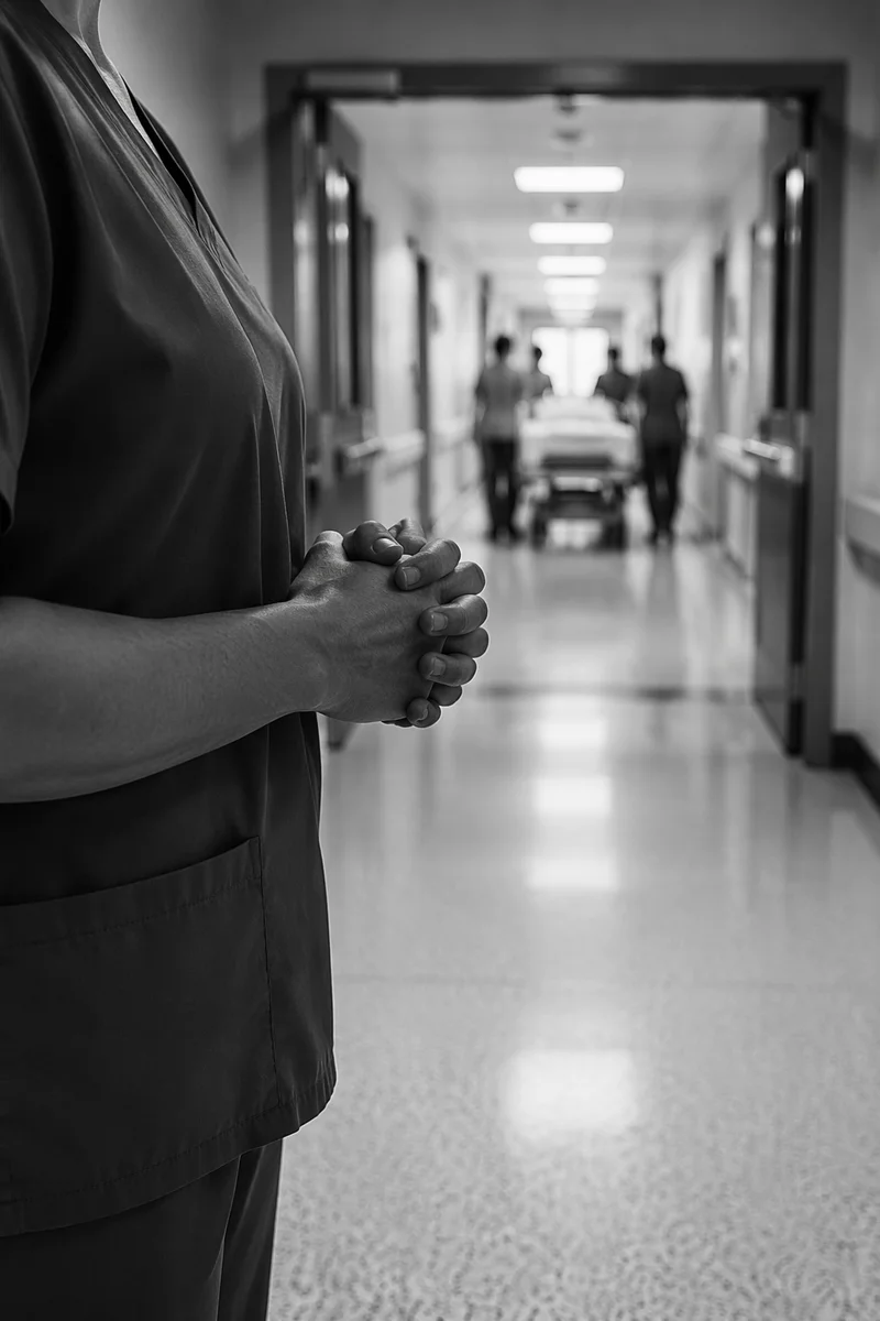 Nurse Praying in Hospital Corridor