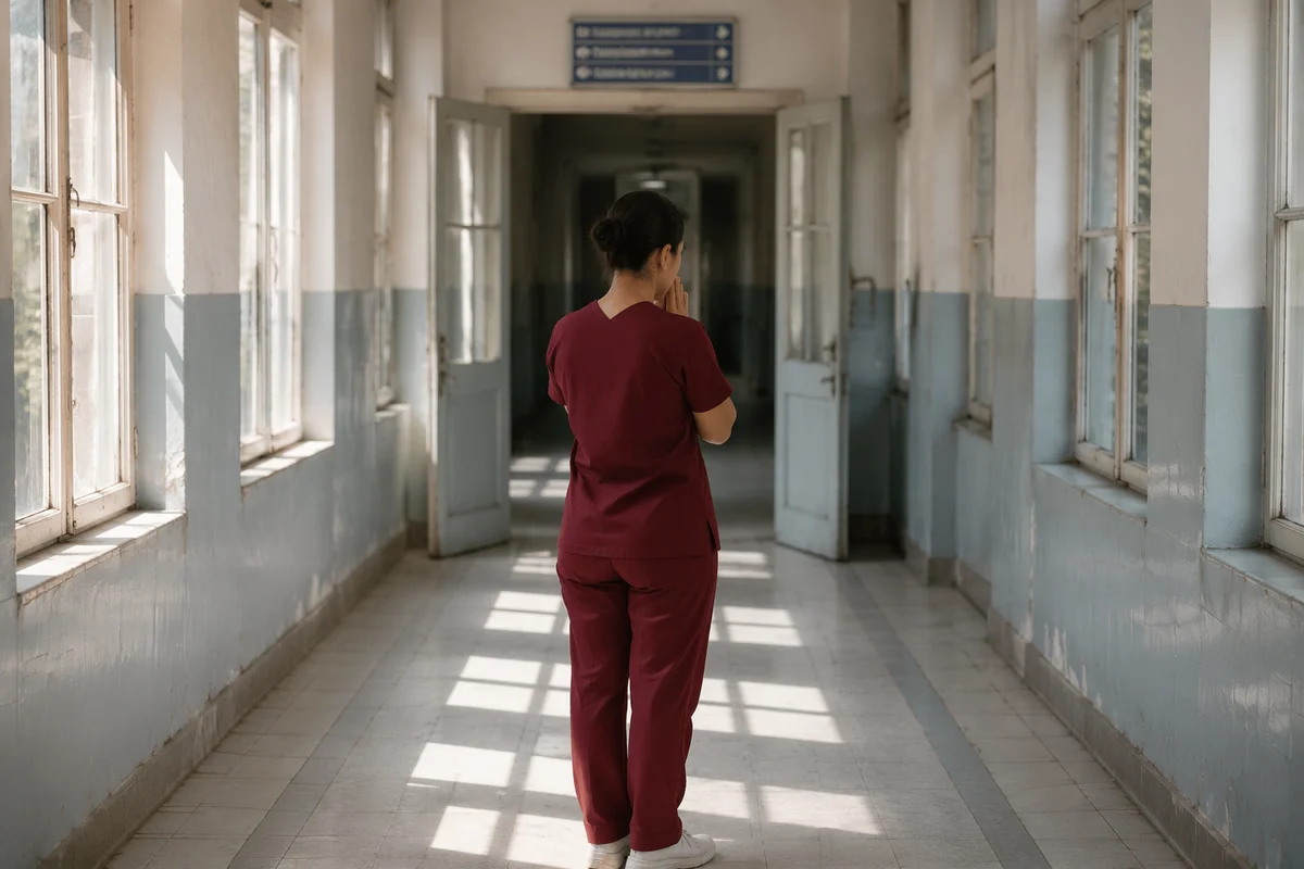 Praying Nurse in Sunlit Hospital Corridor