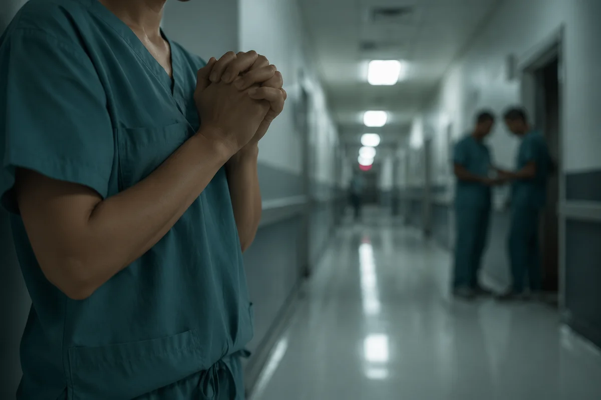 Nurse Praying in Quiet Hospital Corridor