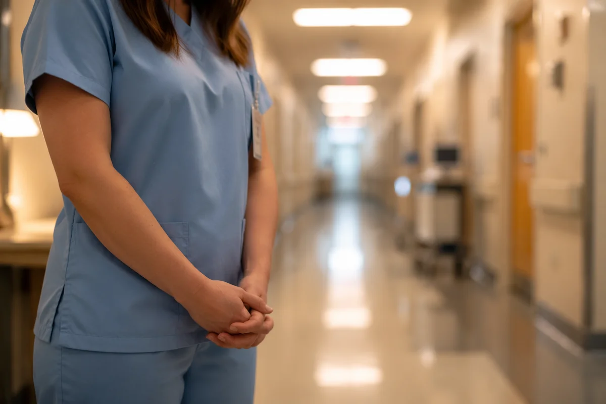 Nurse Hands in Prayer Hospital Corridor