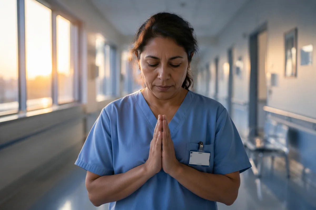 Nurse Praying in Quiet Hospital Corridor