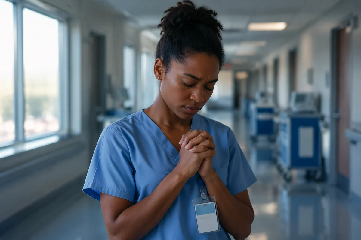 Nurse Praying in Quiet Hospital Corridor