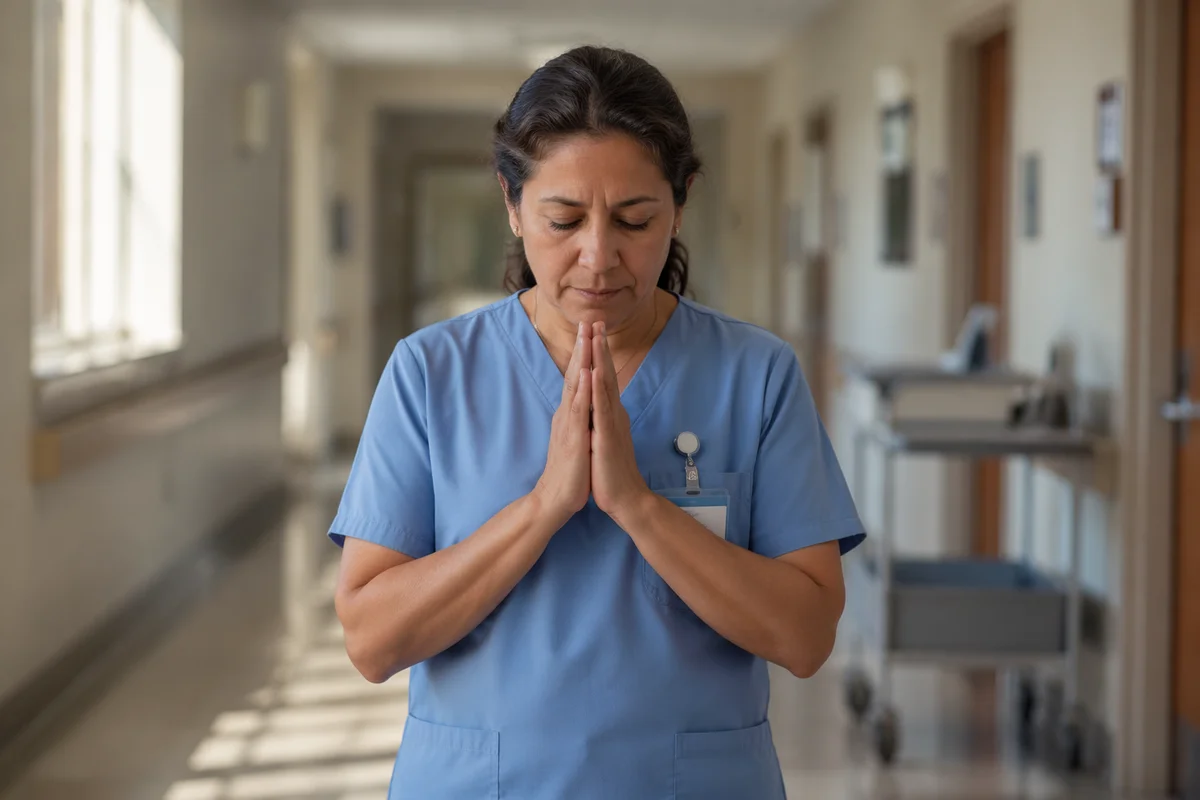 Nurse Praying in Quiet Hospital Corridor