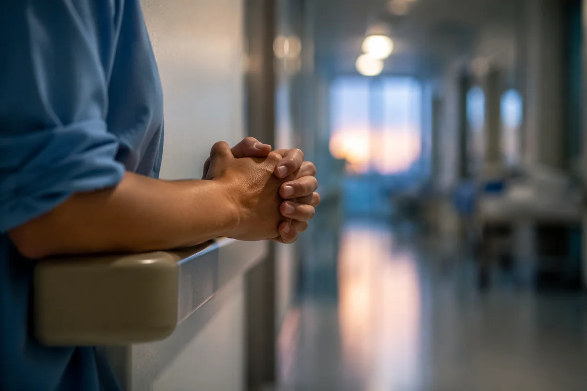 Nurse Praying in Quiet Hospital Corridor