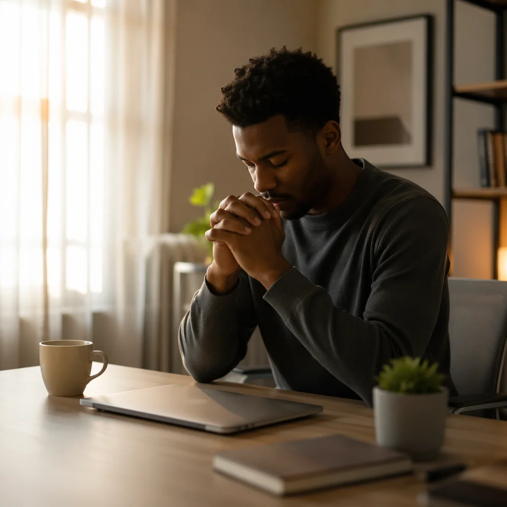 Office Worker Praying at Morning Desk