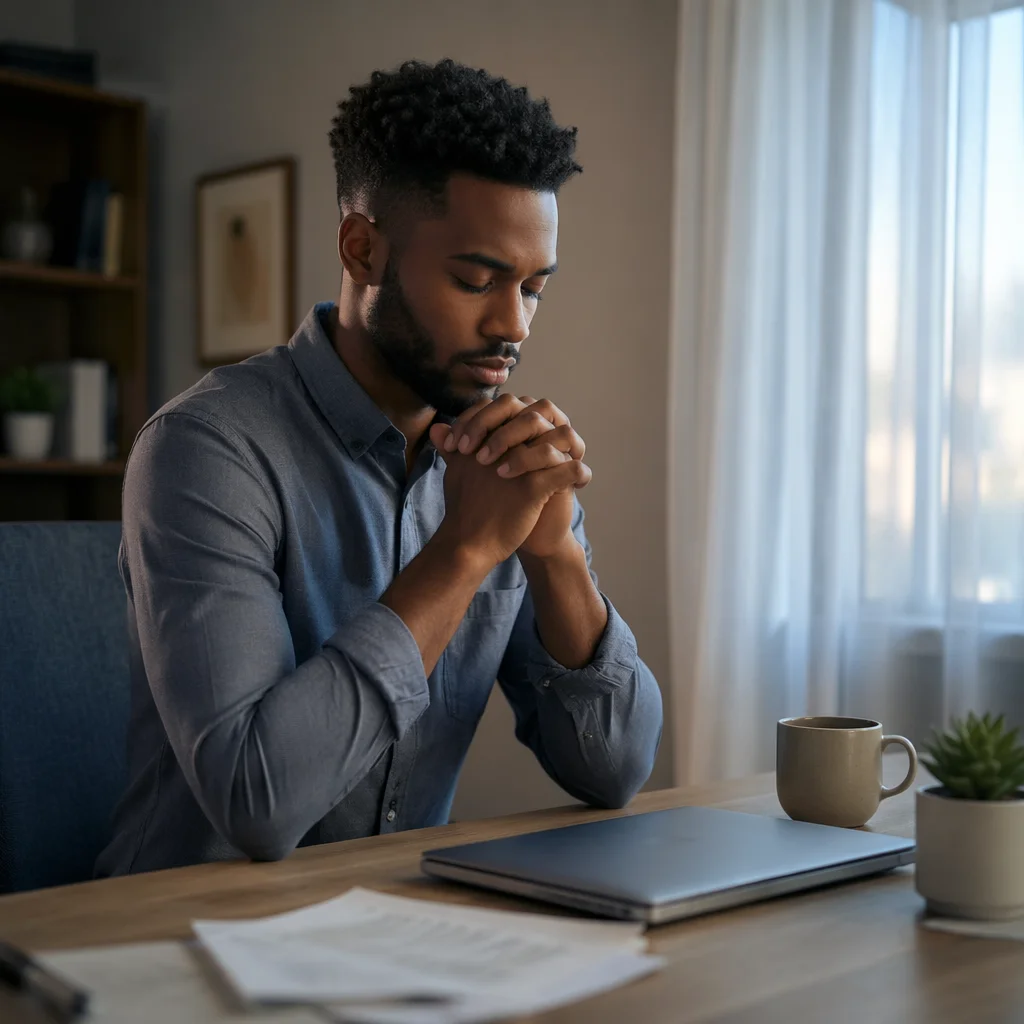 Young Office Worker Praying at Desk