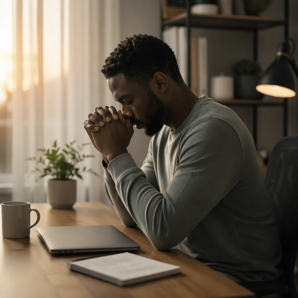 Young Office Worker Praying at Desk
