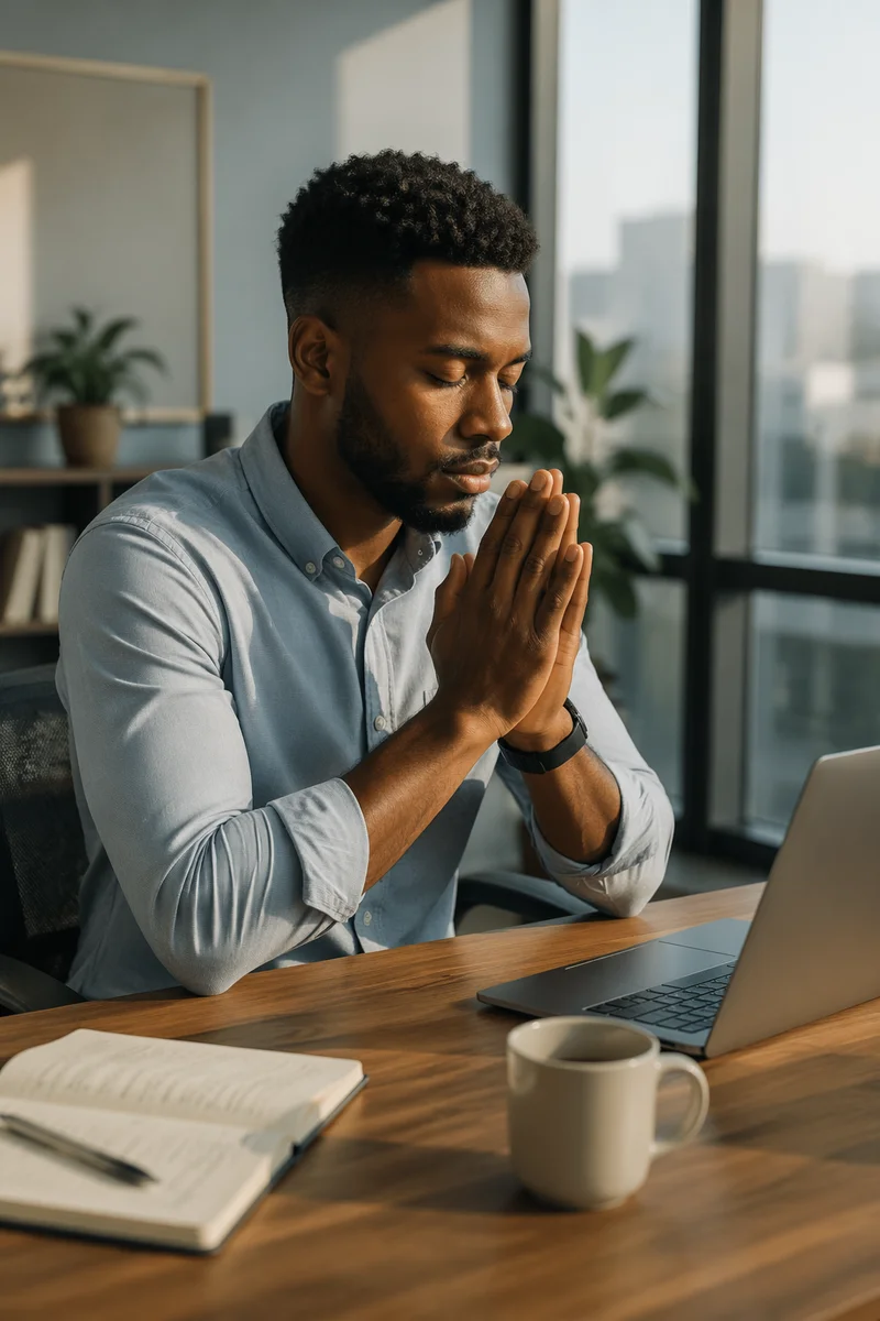 Young Office Worker Praying at Desk
