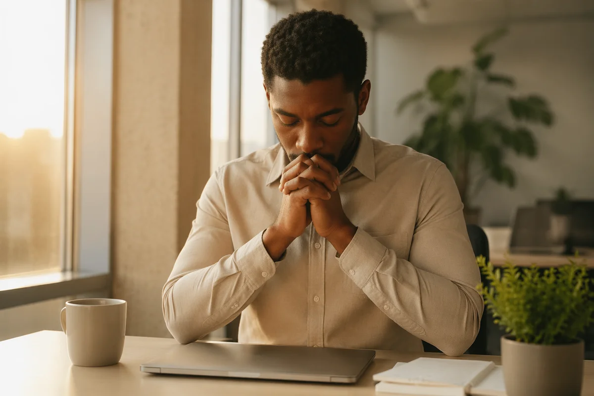 Young Office Worker Praying at Desk