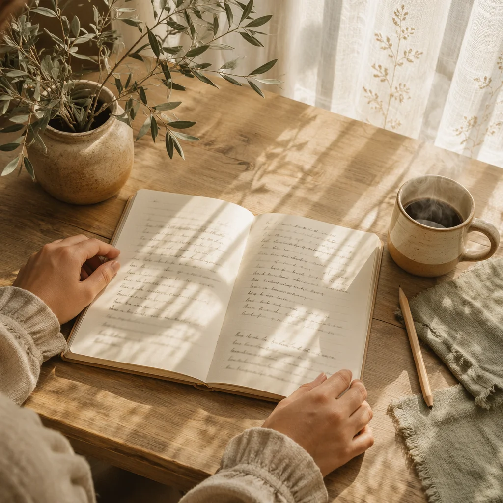 Sunlit Notebook with Scripture Reflection