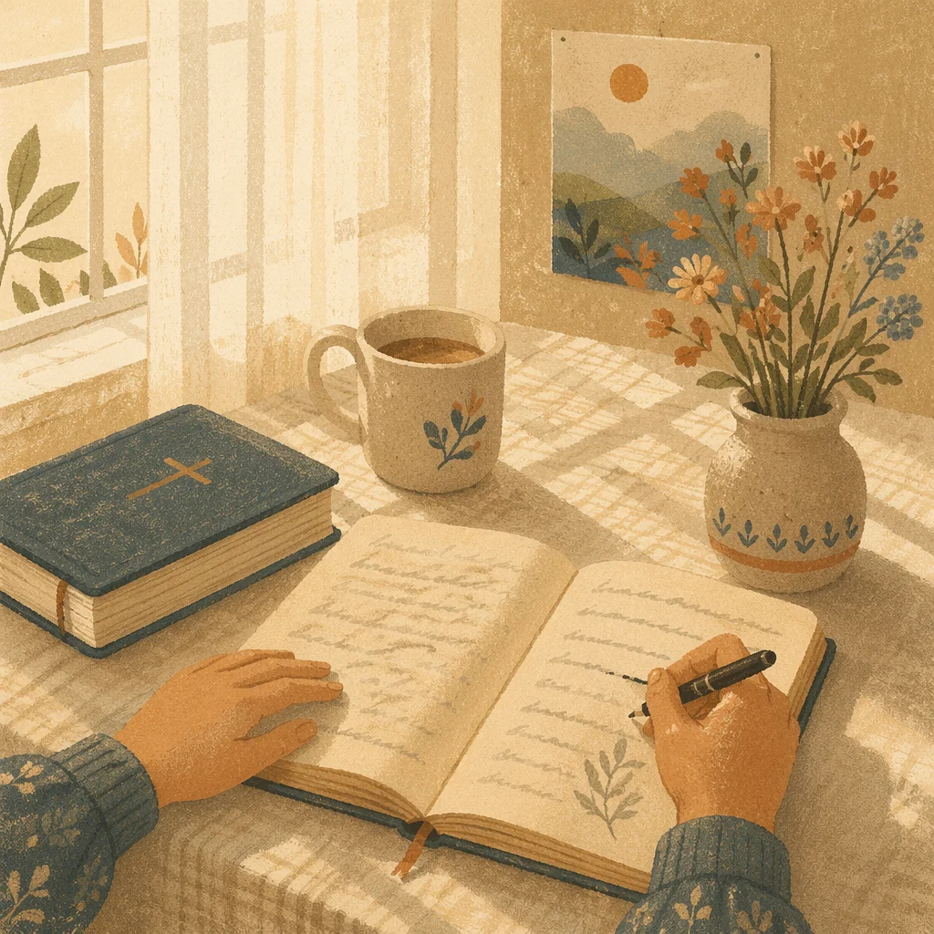 Morning Scripture Notebook on Linen Table