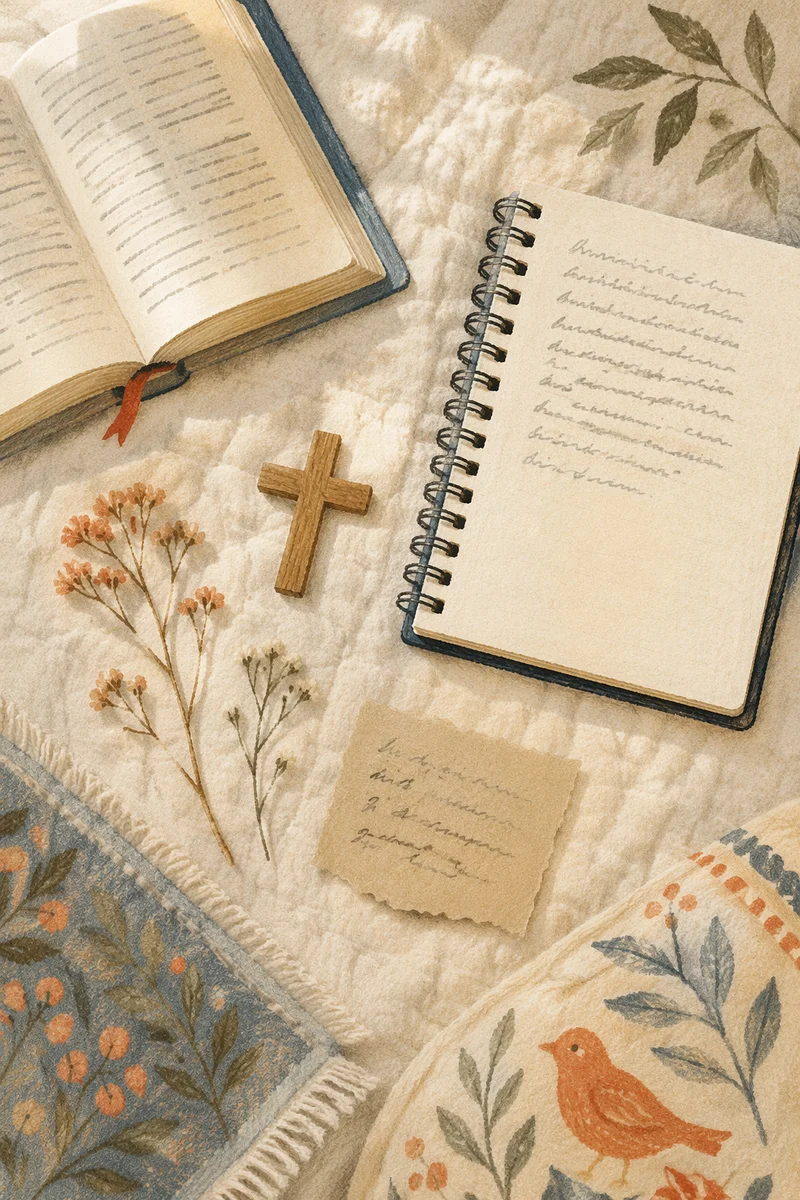 Open Notebook and Book on White Quilt