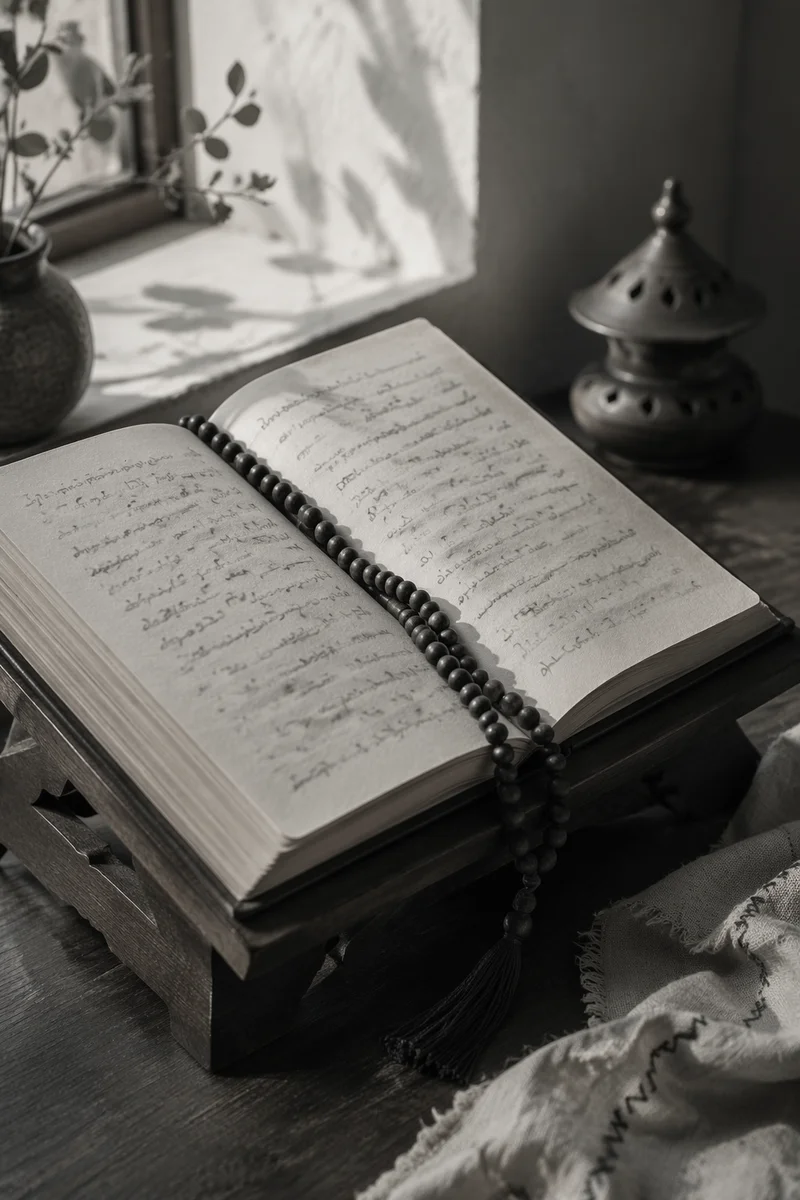 Open Notebook with Handwritten Scripture and Beads