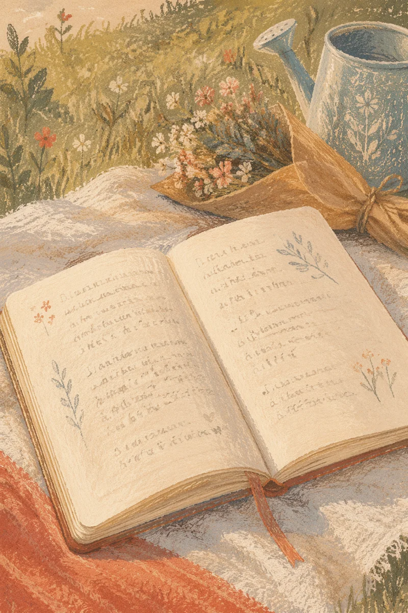Open Notebook on Blanket with Dried Flowers