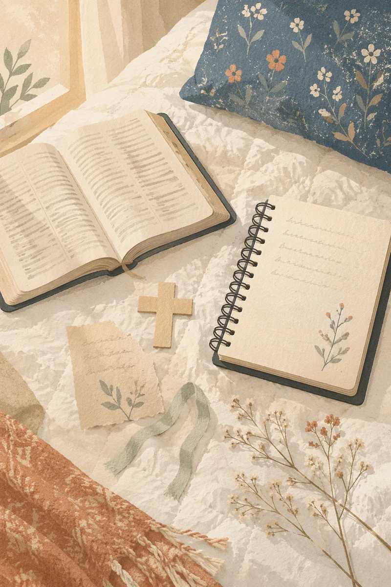 Open Notebook and Book on Quilted Bed