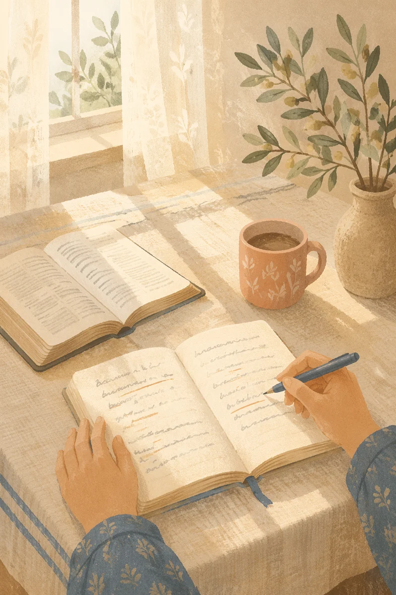 Morning Scripture Notes on Linen Table