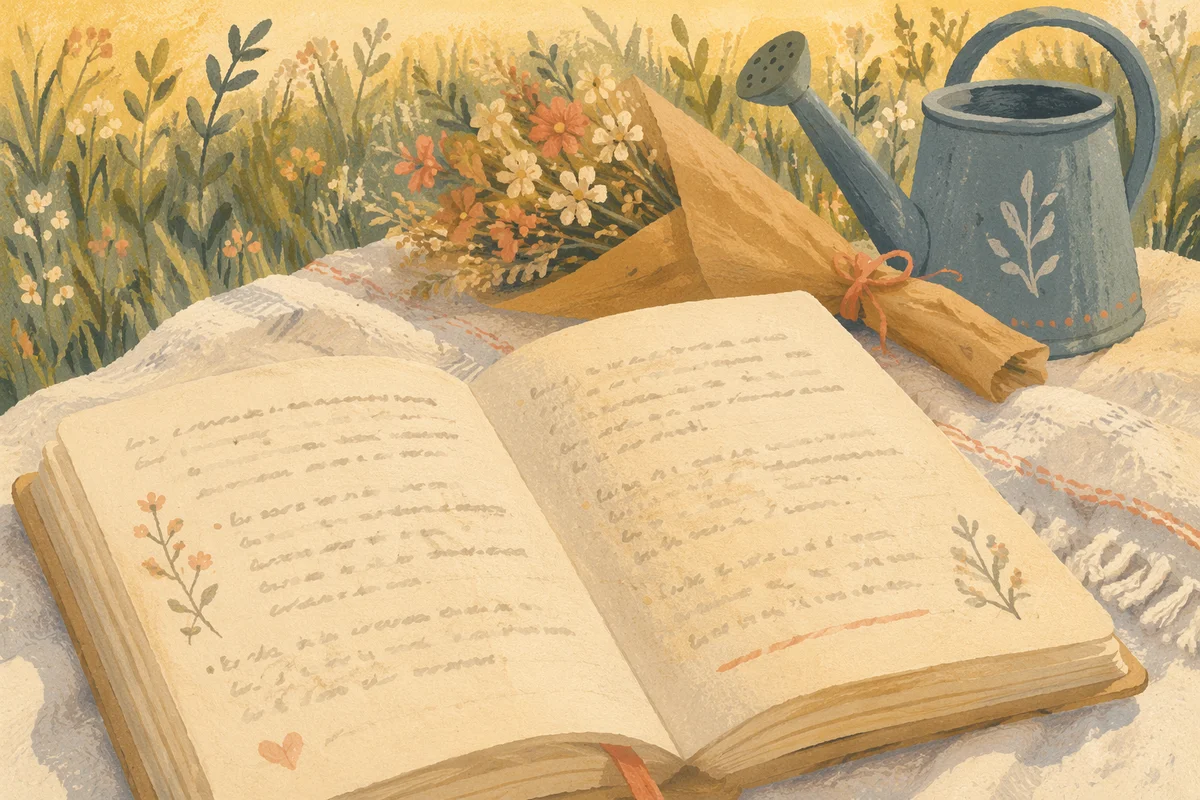 Open Notebook on Blanket with Dried Flowers