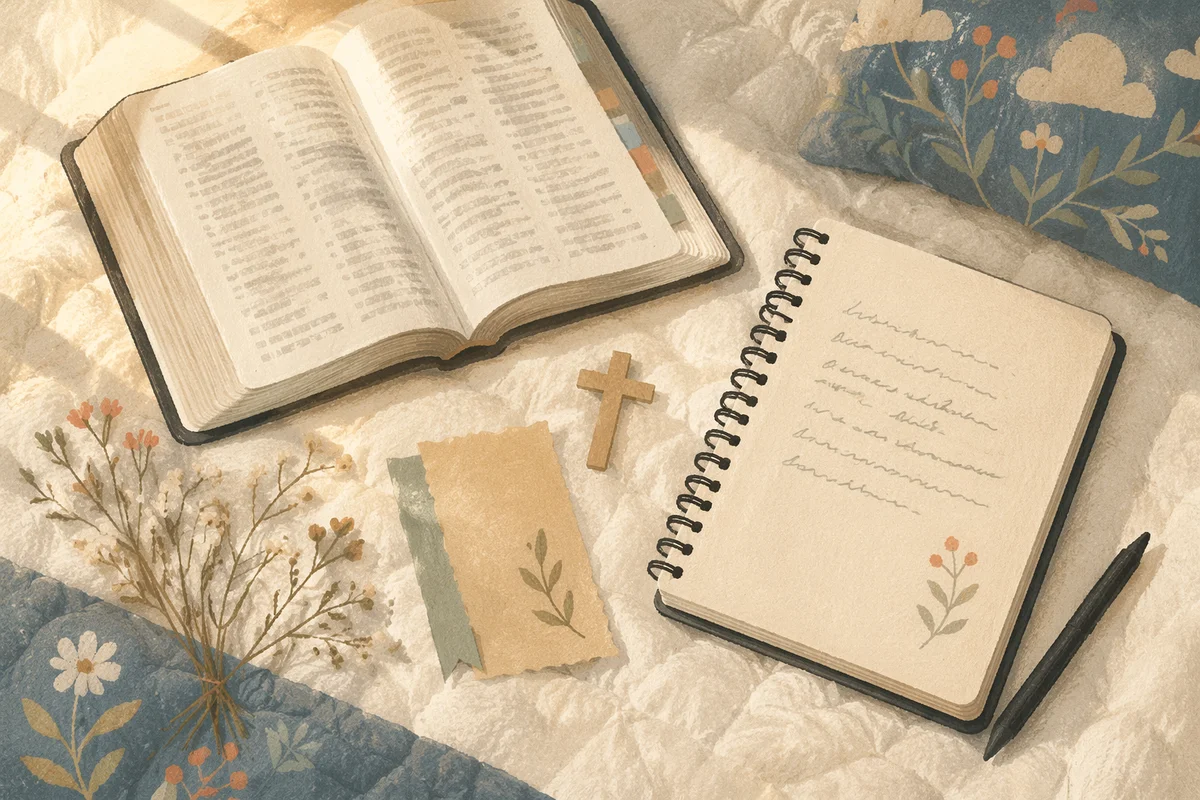 Open Notebook and Book on White Quilt