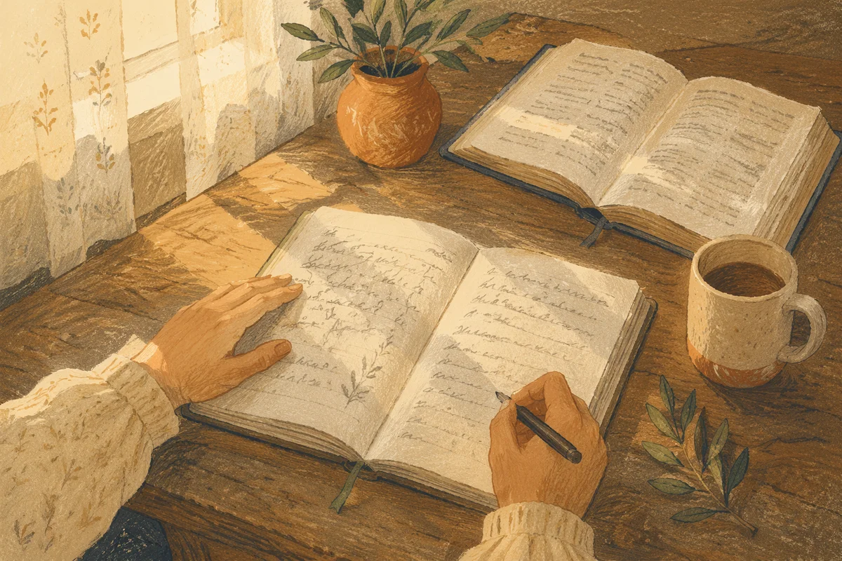 Morning Scripture Notebook on Wooden Table