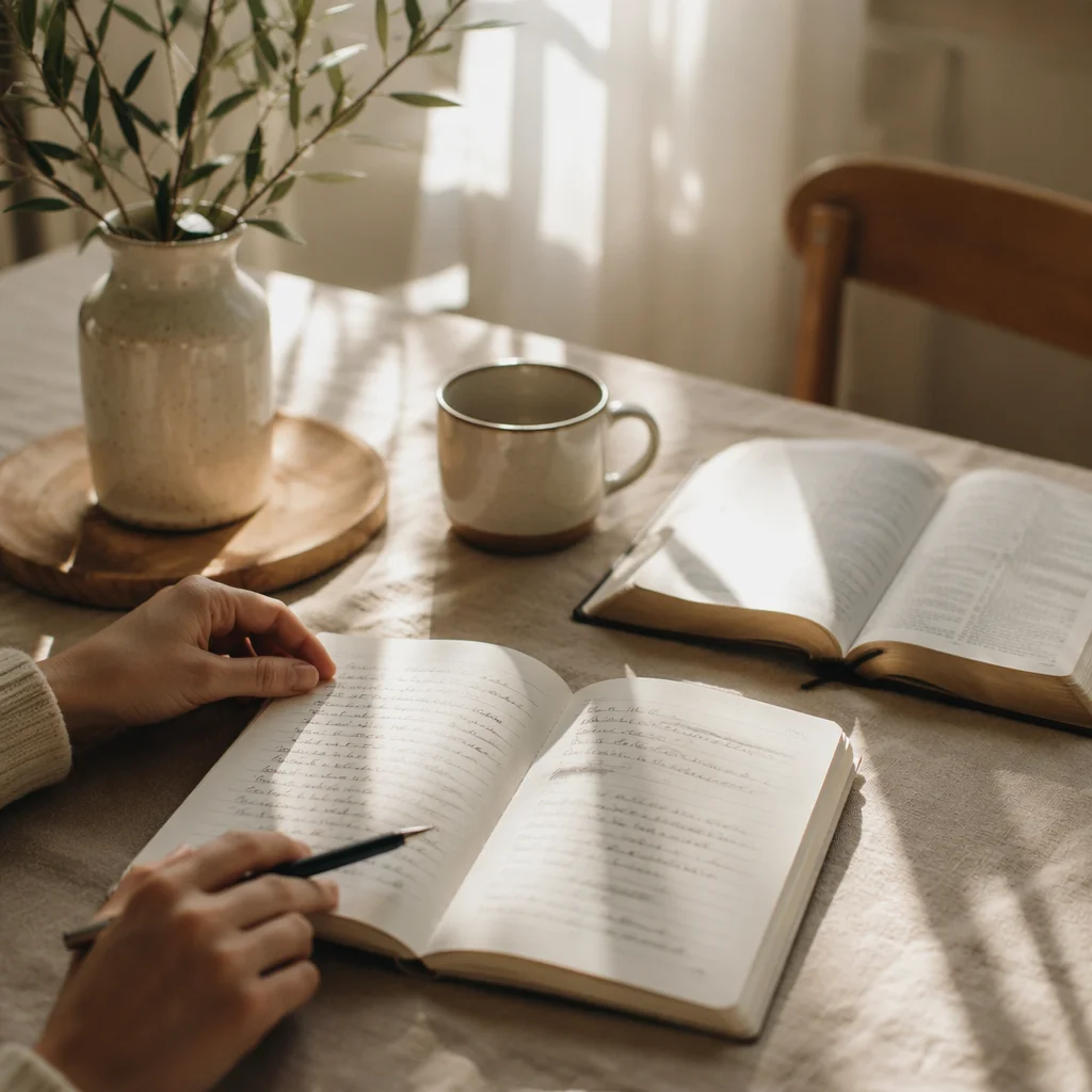 Morning Scripture Notebook on Linen Table