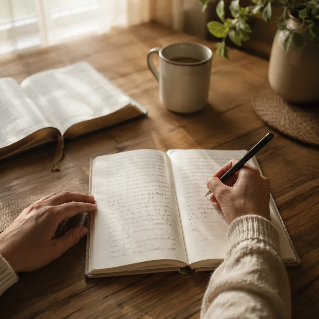 Morning Scripture Notes on Wooden Table