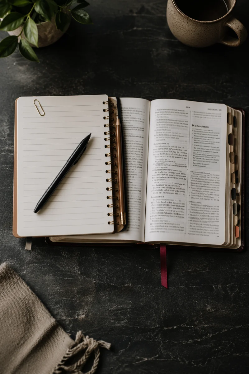 Open Notebook Beside Scripture Study Pages