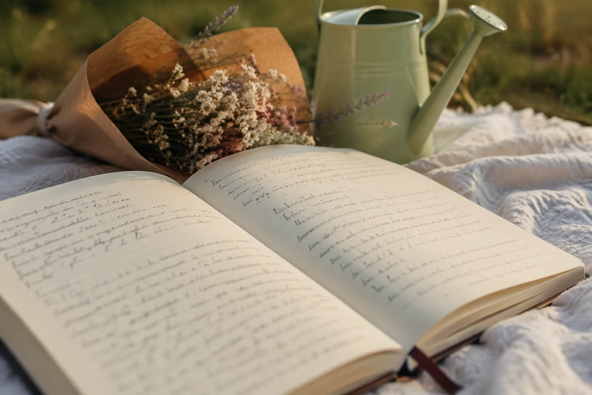 Open Notebook on Blanket with Dried Flowers