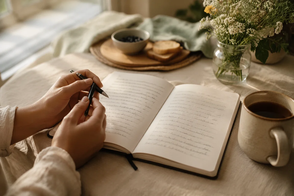 Morning Scripture Notebook on Linen Table