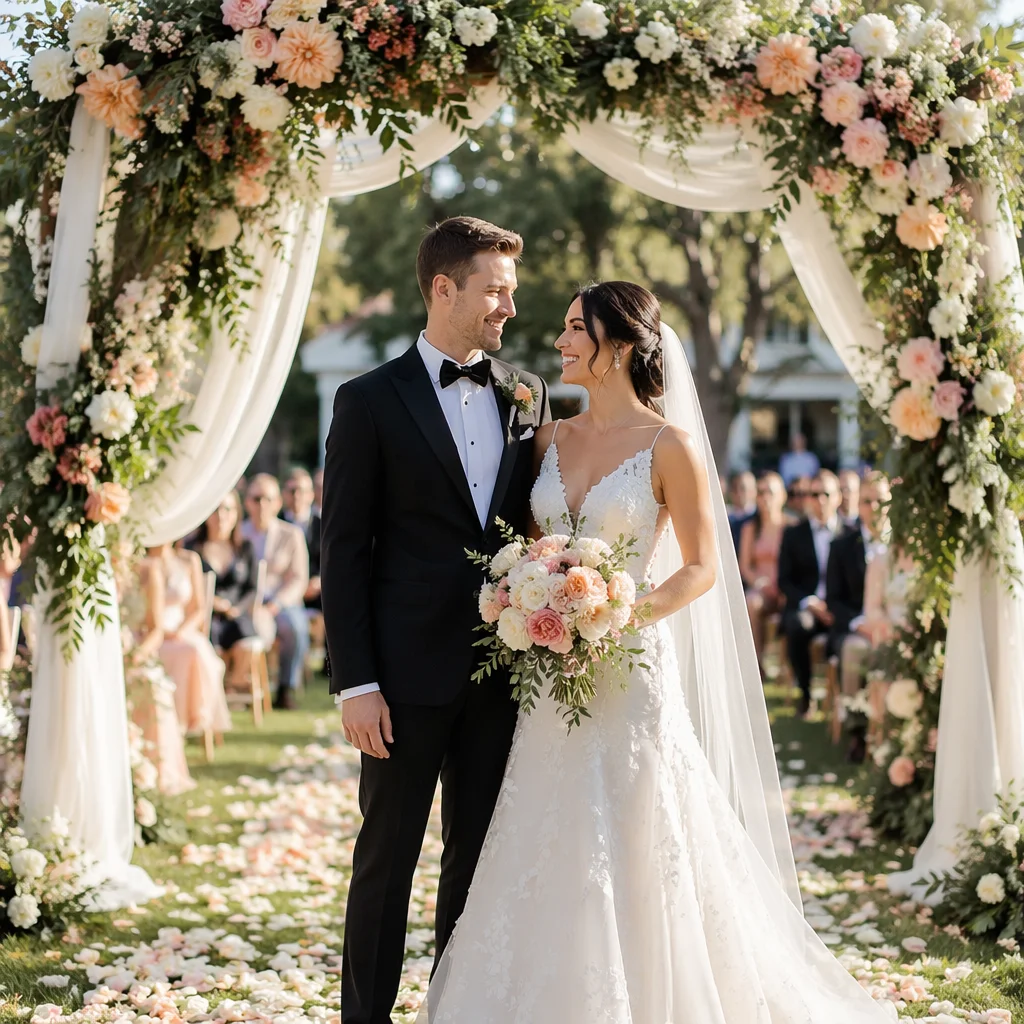 Sunny Garden Wedding Arch with Floral Elegance