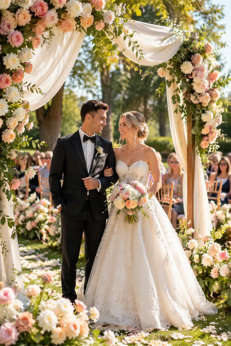 Bride and Groom Under Floral Wedding Arch