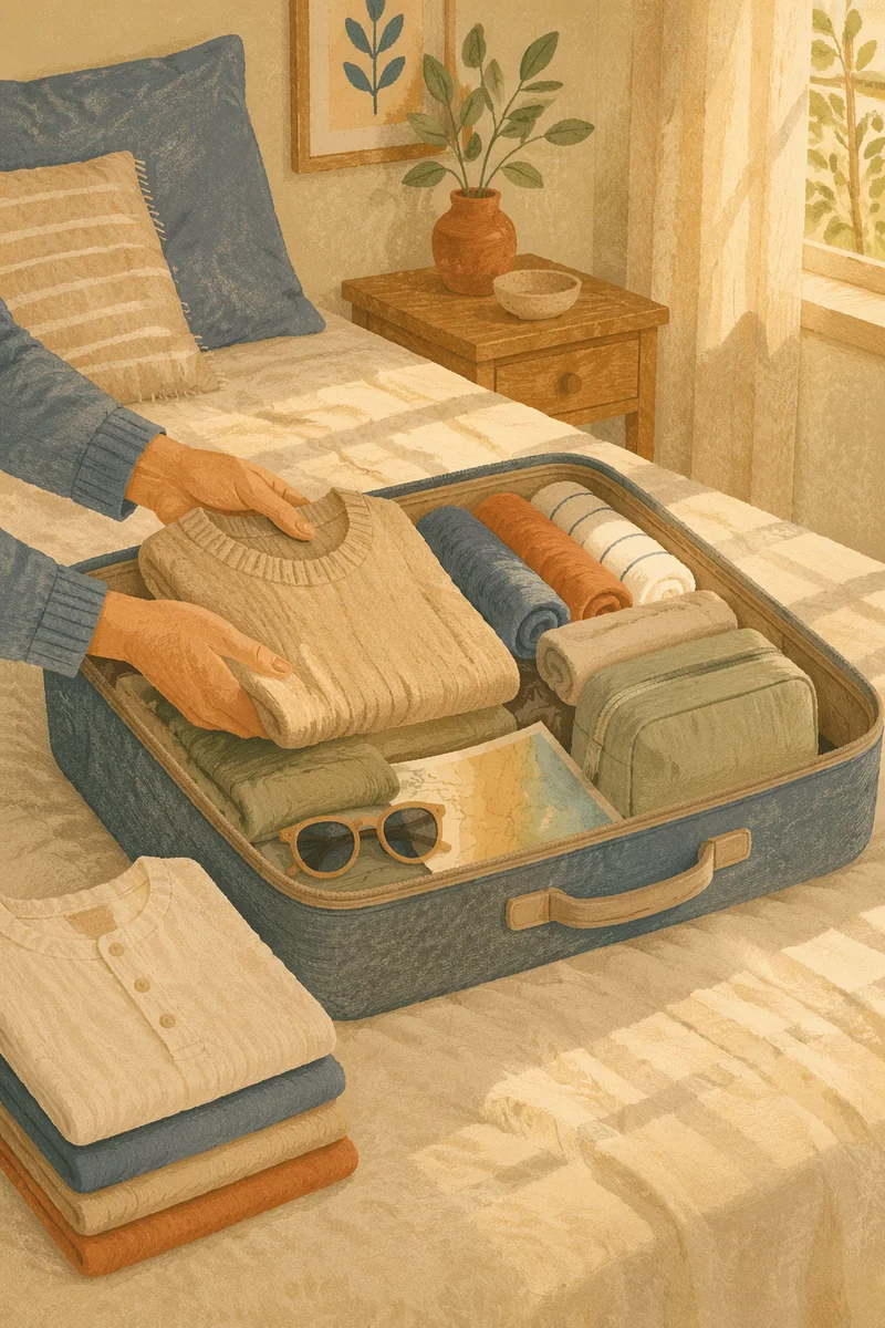Peaceful Travel Packing in Sunlit Bedroom