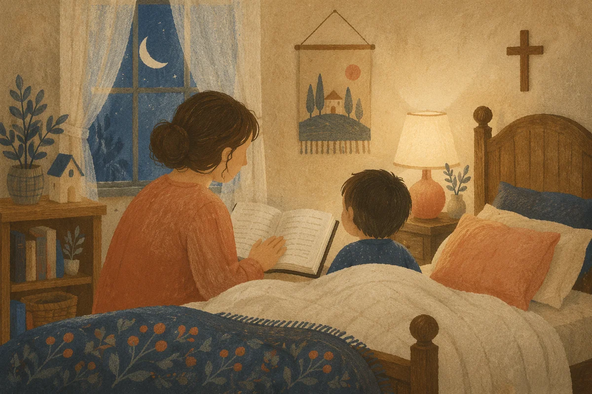 Parent Reading Bible to Child at Bedtime