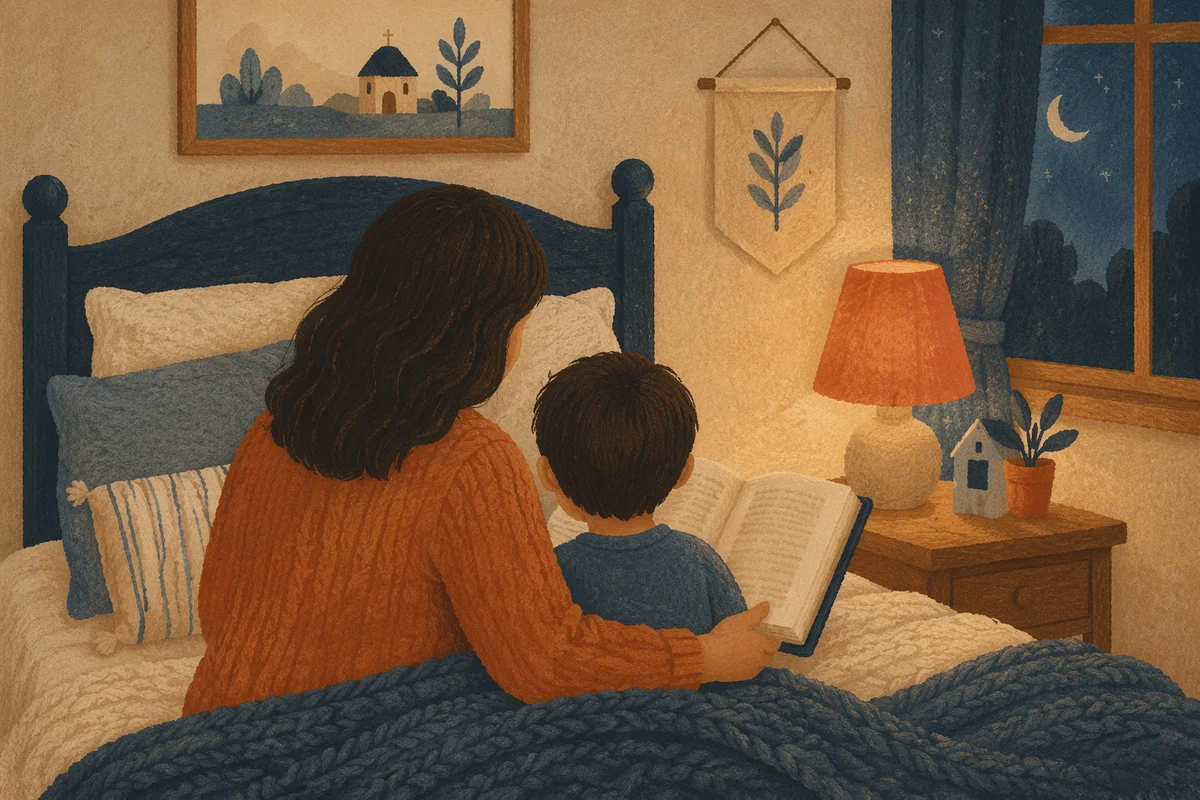 Parent Reading Bible to Child at Bedtime