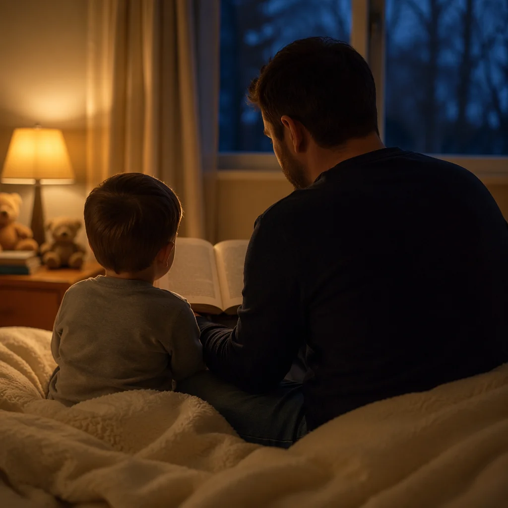 Parent Reading Bible to Child at Bedtime