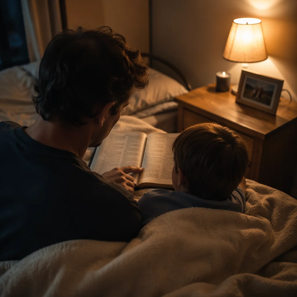 Parent Reading Bible to Child at Bedtime