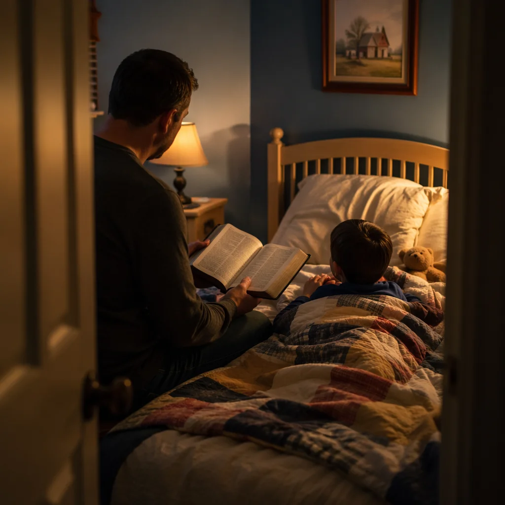 Parent Reading Bible at Child Bedtime