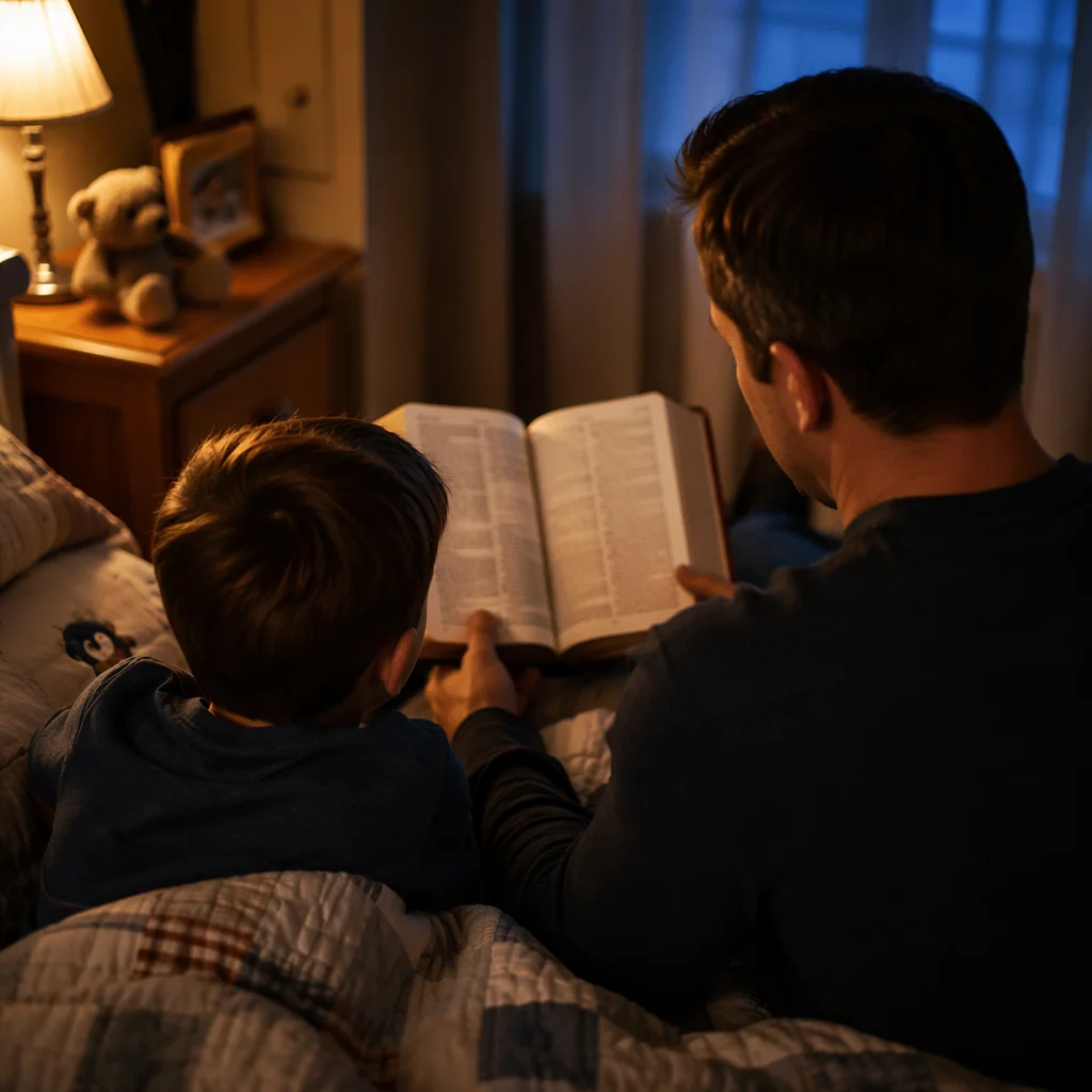 Parent Reading Bible at Child Bedtime