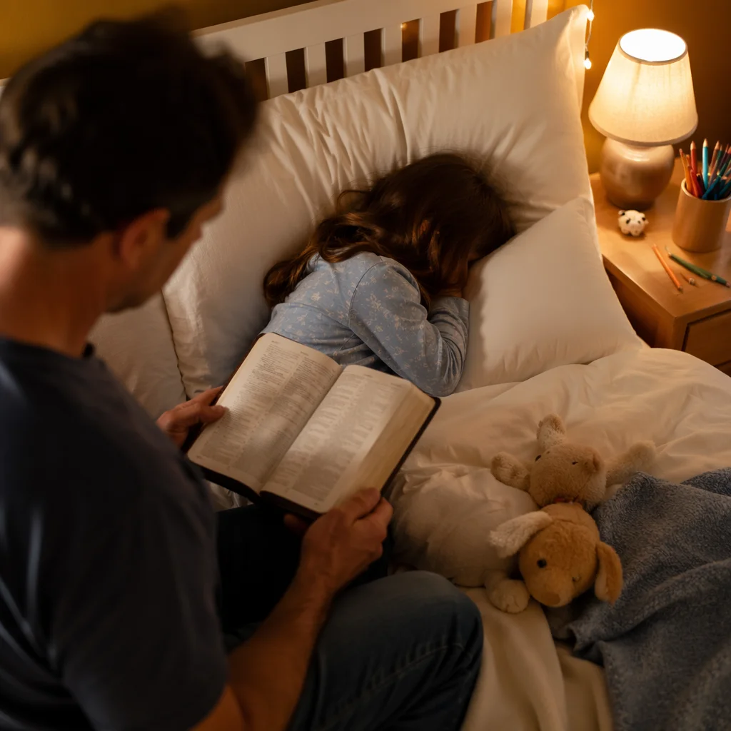 Parent Reading Bible at Child Bedtime