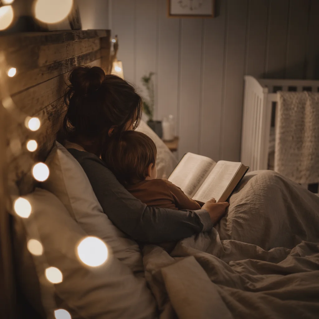 Parent Reading Bible to Child at Bedtime
